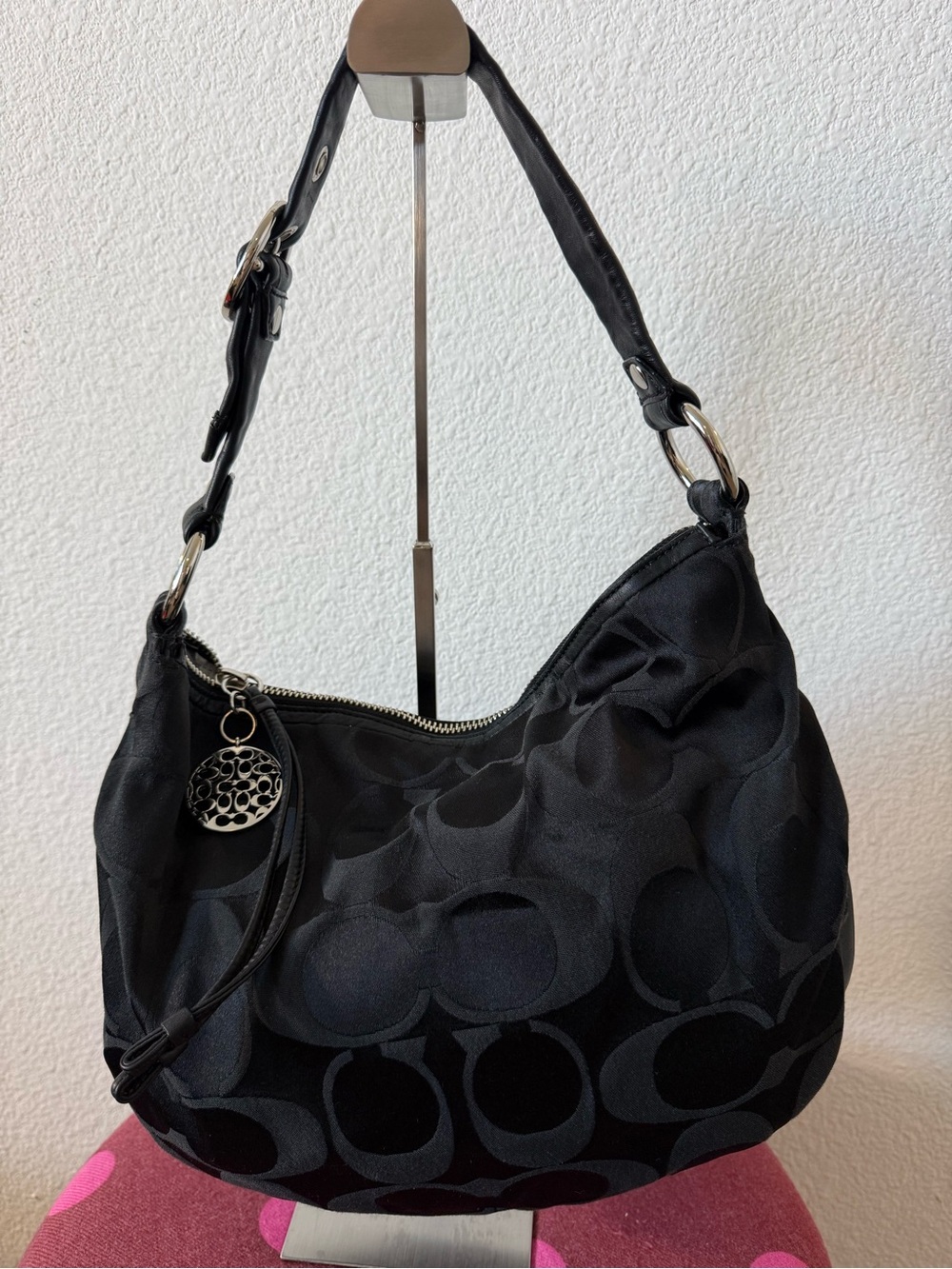 Coach Black Signature Jacquard Hobo Bag Leather Trim